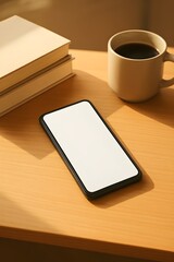 Cozy workspace concept with a blank mobile phone screen, a warm cup of coffee, and books on a sunlit table