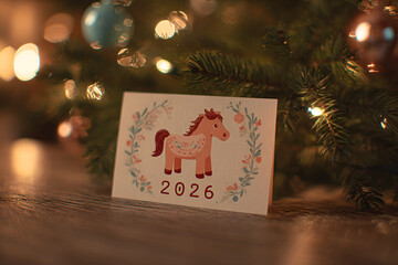 New Year's card, red horse, 2026, against the background of spruce branches and New Year's lights.