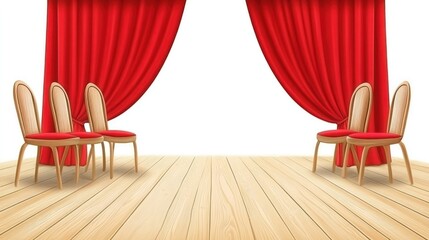Stage Ready: Red Curtains and Chairs on Wooden Floor, Waiting.