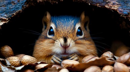 Curious chipmunk peeking from tree hollow surrounded by peanuts and acorns, close up view showing detailed facial features and whiskers against dark background.