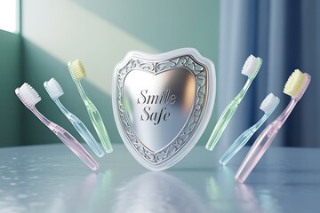 Protect your smile with these vibrant toothbrushes and a gleaming shield symbolizing dental care and oral hygiene excellence
