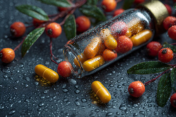 Glass bottle with vitamin C in small capsules, surrounded by fresh berries and sea buckthorn branches, on a dark background.