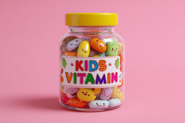 Jar with children's colored vitamins. With an inscription KIDS VITAMIN