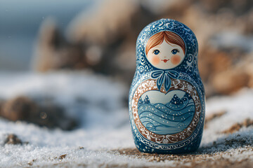 Russian Matryoshka doll, nested doll on snow. Hand painted.