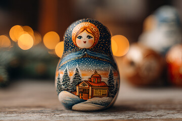 Russian Matryoshka doll, nested doll, hand painted, against the backdrop of New Year's lights.