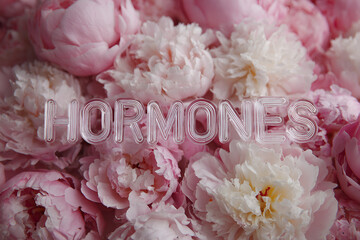 The word HORMONES on a background of pink and white peonies. The concept of women's health.