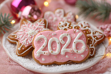 Pink Christmas gingerbread cookies 2026, holiday background, New Year celebration, festive sweets.
