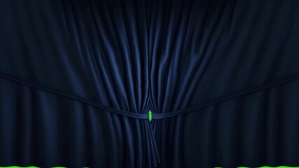 Two navy curtains pulled apart to reveal a bright green backdrop.