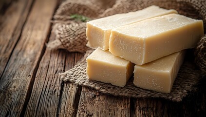Fresh homemade butter blocks stacked on rustic burlap cloth over weathered wooden table background with dramatic lighting and copy space for food design.