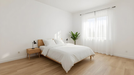 Bright and Minimalist Bedroom with Wooden Bed, White Decor, and Herringbone Floor