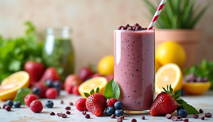 Berry Bliss: A refreshing smoothie, bursting with the vibrant colors and flavors of fresh berries and citrus fruits, beautifully arranged to evoke a sense of health, vitality, and deliciousness.