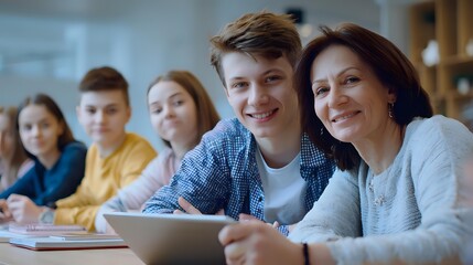 Young diverse students sitting at desk with digital tablet and notebooks, smiling while studying together in modern classroom environment.