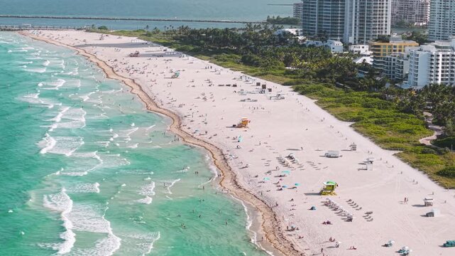 Drone Shot of South Beach, Miami Florida USA, White Sand and Turquoise Ocean