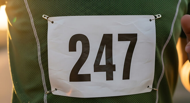 Close-up of a runner's back with number 247 pinned to their green shirt during a race.