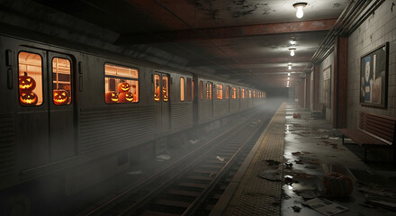 A halloween themed subway train with pumpkins in the windows at a spooky and misty subway station
