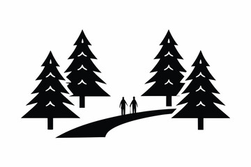 Winter forest with tall pine trees covered in snow, hikers walking on snowy path,  vector landscape illustration