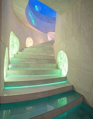 Modern marble staircase with illuminated accents