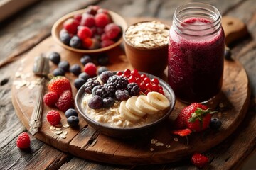 Healthy breakfast with oatmeal fruit and smoothie on wooden table