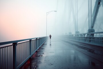 Obraz premium Man jogging on urban bridge in early morning fog