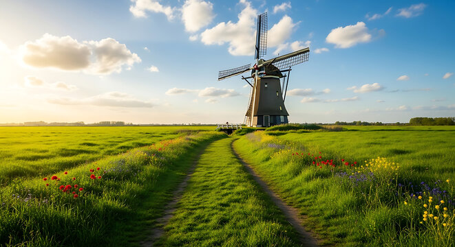 Vector illustration of historic windmill standing tall in a vibrant green field with wildflowers under a blue sky - Powered by Adobe