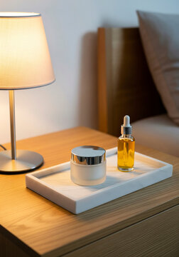Ultra Realistic Lifestyle Photography of Skincare Self-Care Tray on Bedside Table