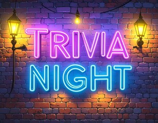 Neon sign of Trivia Night on a brick wall at night