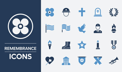 A Comprehensive set of Remembrance Icons Featuring Symbols of Honor, Tribute, and Commemoration in Various Designs and Styles