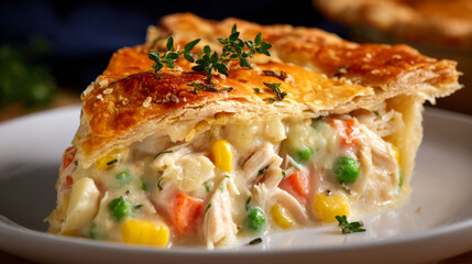 Creamy chicken pot pie slice with golden flaky crust and fresh herb garnish served on white plate