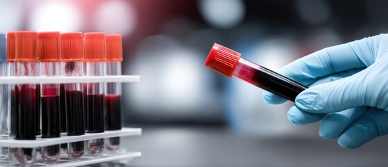 The Blood Vial Held by Gloved Hand Beside Rack of Test Tubes in Laboratory