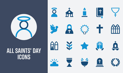 A Collection of Icons Representing All Saints' Day, Featuring Spiritual Symbols, Churches, and Religious Elements for Celebrating the Occasion