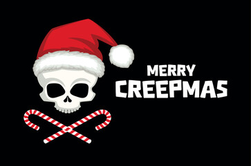 Merry creepmas greeting card with Santa Claus skull and candy cane crossbones vector illustration. Scary christmas skull in red santa hat icon on a black background. Human skull with candy cane symbol
