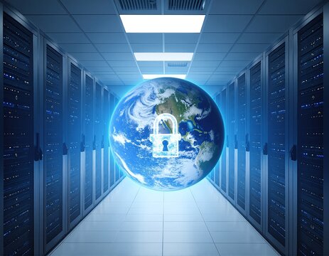 A large, vibrant blue Earth globe sits prominently in the center of a stark, empty server room, surrounded by rows of dark, silent server racks.