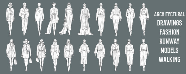 Architectural Drawings  fashion runway models walking in stylish poses vector illustration,  front view, human person Minimal style hand drawn. Sections, Elevations, Floor Plans