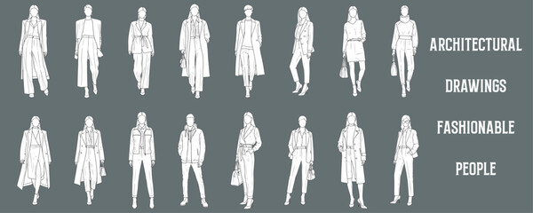 Architectural Drawings  fashionable people in mixed poses - standing, walking vector illustration,  front view, human person Minimal style hand drawn. Sections, Elevations, Floor Plans