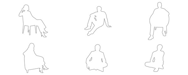 Architectural Drawings stylish modern fashion people sitting in relaxed and elegant poses outline vector illustration, front view, human person Minimal style hand drawn. 