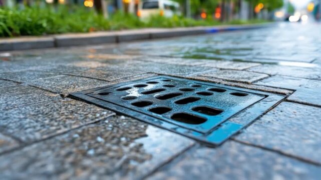Sewer drain on wet pavement road surface