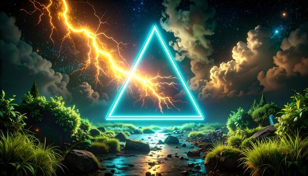 Neon triangle, night landscape, lightning - Powered by Adobe