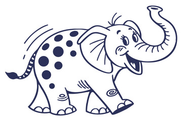 Joyful Cartoon Elephant with Spots in Blue Outline on White Background