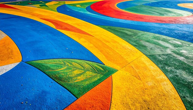 Colorful painted pavement design with arrows and leaf