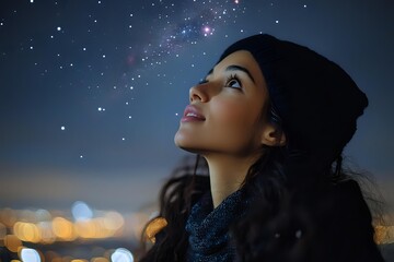 Young Asian woman gazing up at starry night sky with wonder, city lights bokeh in background, wearing winter hat and scarf, profile view capturing dreamy expression.