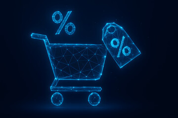 Digital shopping cart with discount symbol hologram, futuristic e commerce sale promotion concept, online retail business technology glowing wireframe basket with percentage tag cyber commerce marketi