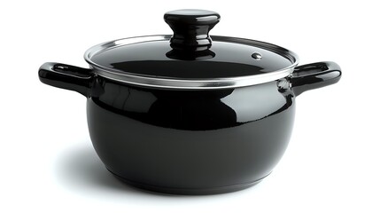 Black ceramic cooking pot with glass lid and handles on white background, isolated kitchenware for food preparation and serving.