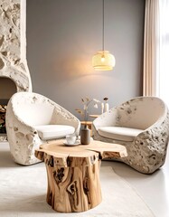 Modern, minimalist living room with unique furniture