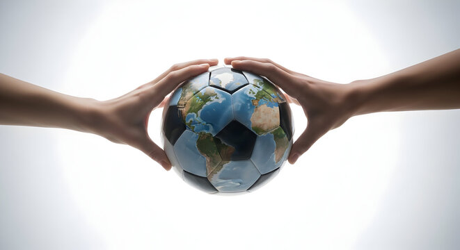 Dua tangan memegang bola sepak dengan peta dunia, melambangkan persatuan global dan semangat olahraga internasional.