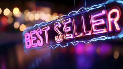 Glowing pink and blue neon best seller sign against blurred bokeh background creates vibrant nighttime atmosphere for retail and marketing concepts.