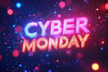Cyber Monday glowing neon text with sparkling digital background