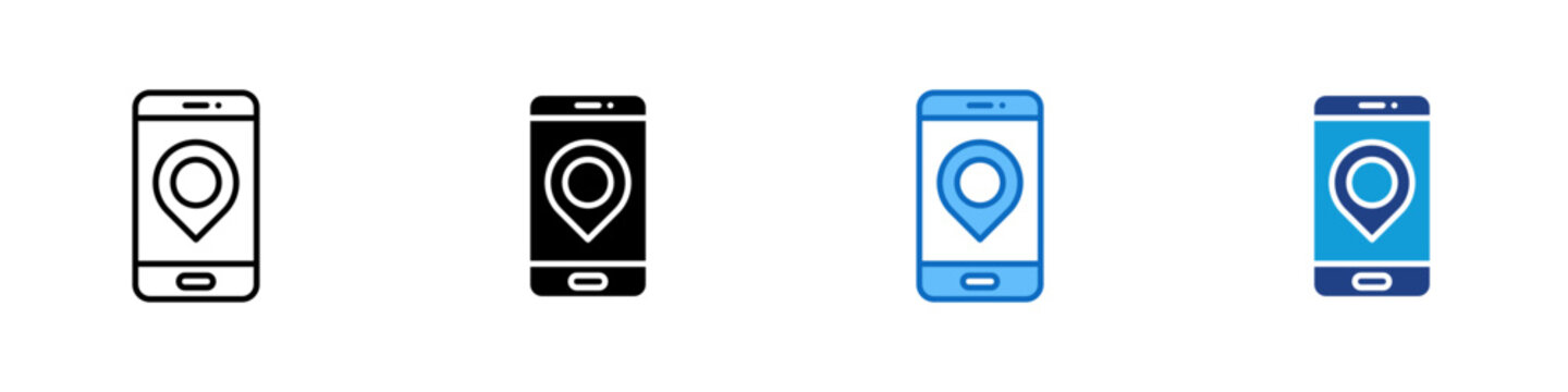 Mobile Map Multiple Style Icon Design Vector - Smartphone screen with location pin, representing GPS app, navigation, or mobile tracking