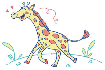 Joyful Cartoon Giraffe Running with Spots in White Background