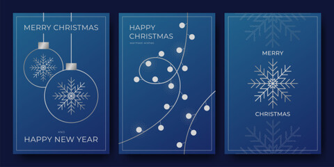 Winter holiday card templates with minimalist designs for corporate greetings - blue gradient bg, silver line Christmas baubles and snowflake ornaments, festive garland with light bulbs on string.
