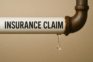 Insurance claim concept leaking rusty pipe with water drop, property damage risk plumbing failure, home repair loss prevention metaphor, financial protection coverage problem, damaged pipeline acciden